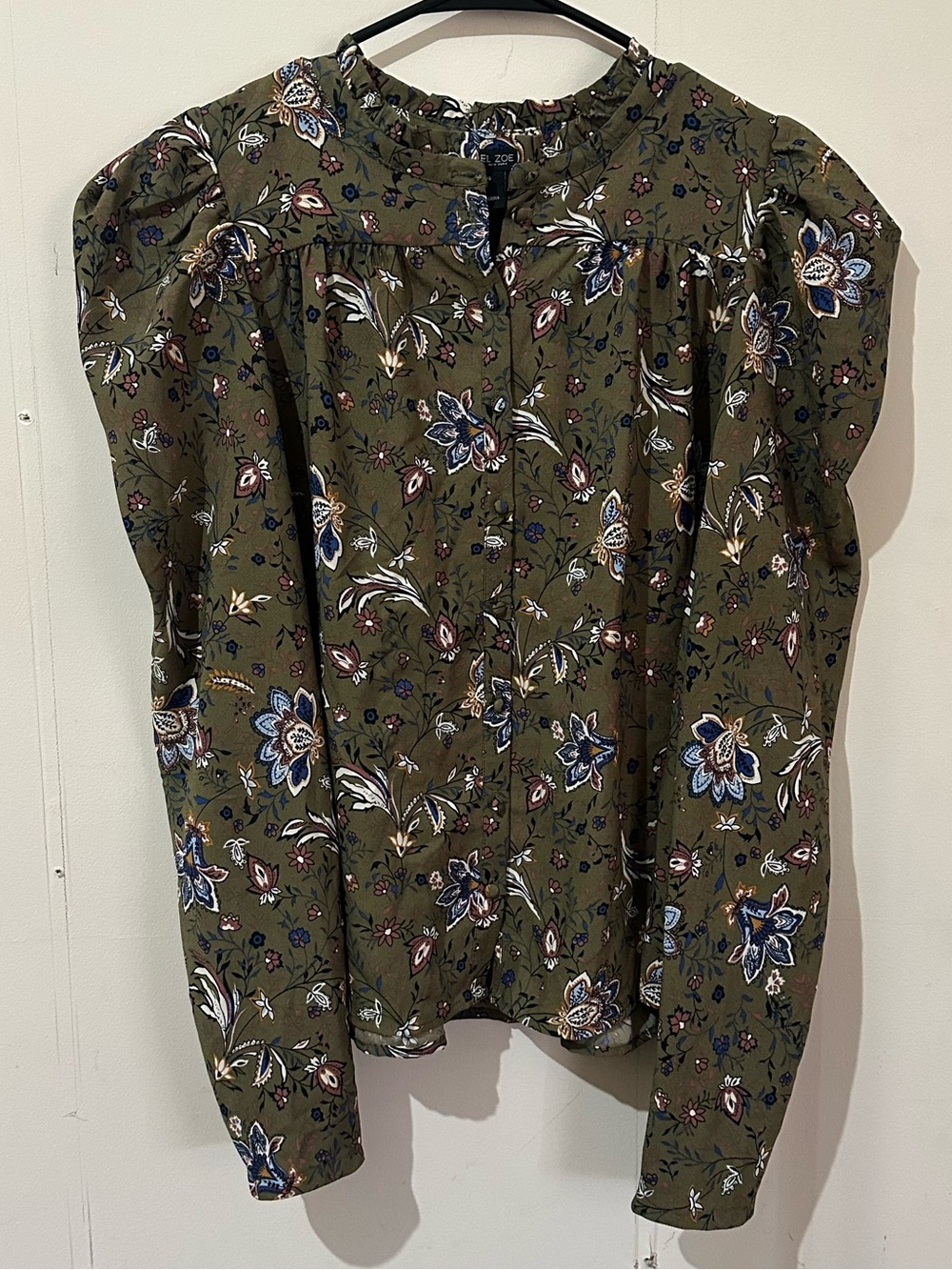 Rachel Zoe Large Olive Floral Boho Peasant Puff Sleeve Button-Front Blouse